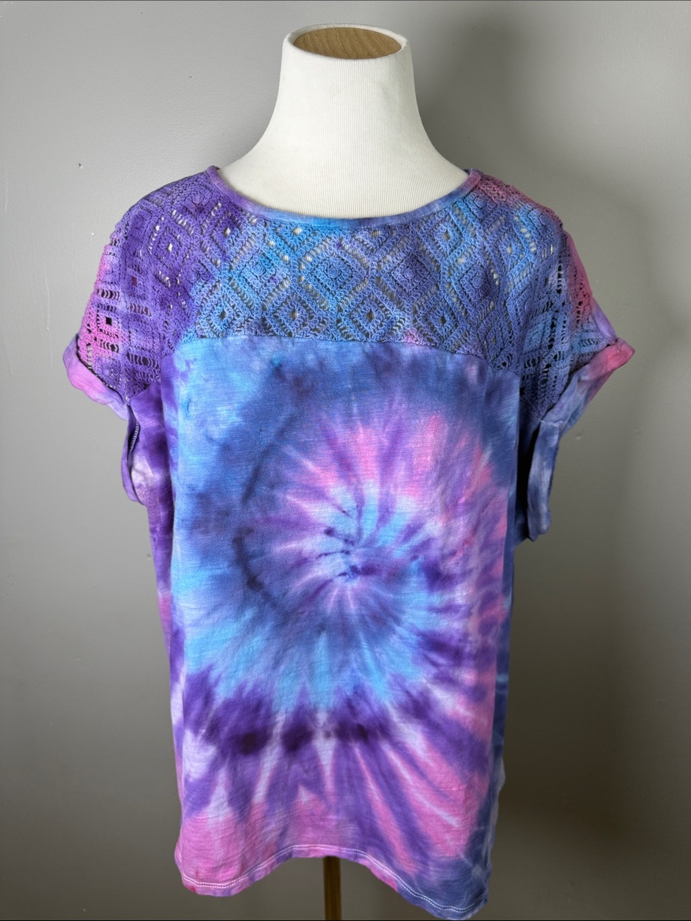 Hand-Dyed Purple Tie-Dye Lace Yoke Women’s Top